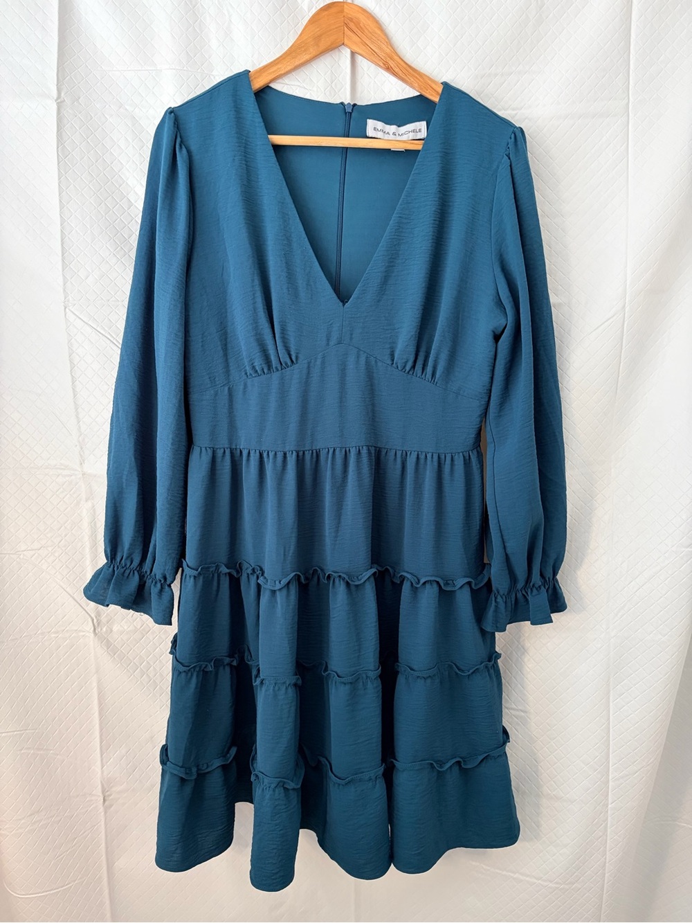 Emma & Michele Teal V-Neck Tiered Long Sleeve Dress